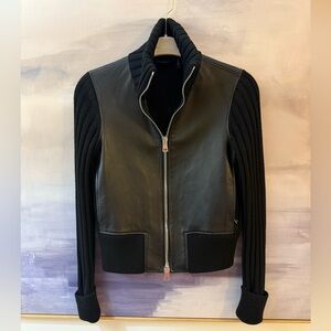 Theory Black Leather Jacket Zip Up with High Neck, Wool, Cotton Sweater Sleeves